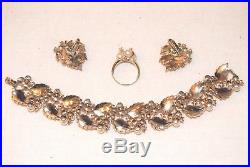 Vintage Gold Tone Crown TRIFARI Set Pearls Leaves Bracelet Earrings And Ring