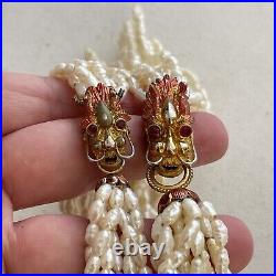 Vintage Gold Tone Dragon Head Clasp Rice Pearl Multistrand Necklace Bracelet Set