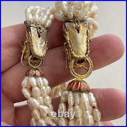 Vintage Gold Tone Dragon Head Clasp Rice Pearl Multistrand Necklace Bracelet Set