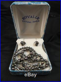 Vintage Graduated Black Cultured Pearl Necklace & Earring Set with14kt White Gold