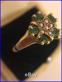Vintage Green Stone Set And Pearl Yellow Gold Unusual Cluster Ring