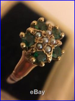 Vintage Green Stone Set And Pearl Yellow Gold Unusual Cluster Ring
