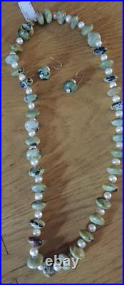 Vintage Green Turquoise Disc Bead & Pearl Necklace & Earring Set 14kt Gold NWT