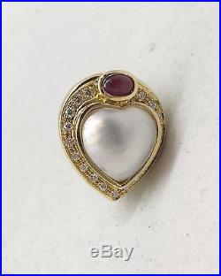 Vintage HEART MABE PEARL DIAMOND/RUBY 18K Gold EARRINGS/PENDANT/ENHANCER SET
