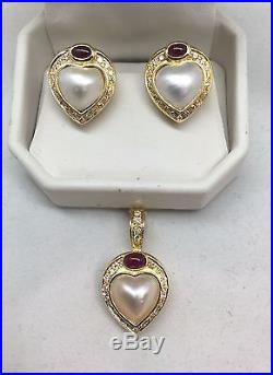 Vintage HEART MABE PEARL DIAMOND/RUBY 18K Gold EARRINGS/PENDANT/ENHANCER SET