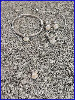 Vintage HK 14k White gold plated CZ And Pearl Necklace Earring Bracelet Ring Set