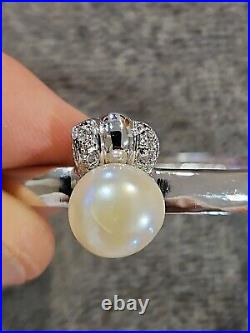 Vintage HK 14k White gold plated CZ And Pearl Necklace Earring Bracelet Ring Set