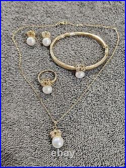 Vintage HK 14k Yellow gold plated CZ & Pearl Necklace Earring Bracelet Ring Set