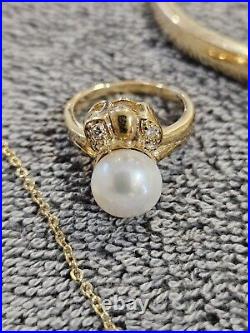 Vintage HK 14k Yellow gold plated CZ & Pearl Necklace Earring Bracelet Ring Set