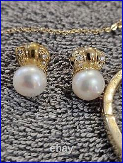 Vintage HK 14k Yellow gold plated CZ & Pearl Necklace Earring Bracelet Ring Set