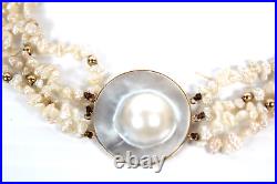 Vintage Hand Made Mabé Pearl Necklace 4K Yellow Gold Setting 4 Strands