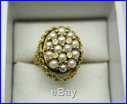 Vintage Heavy Large 18ct Gold Ornate Pearl Set Dress Ring