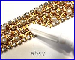 Vintage Hobe Faux Pearl and Crystal Gold Tone Parure Necklace Bracelet Set
