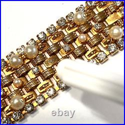 Vintage Hobe Faux Pearl and Crystal Gold Tone Parure Necklace Bracelet Set