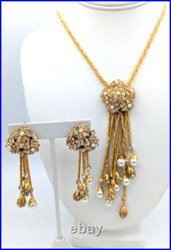 Vintage Hobé Style Rhinestone Faux Pearl Tassel Necklace Earrings Set Gold Tone