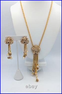 Vintage Hobé Style Rhinestone Faux Pearl Tassel Necklace Earrings Set Gold Tone