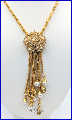 Vintage Hobé Style Rhinestone Faux Pearl Tassel Necklace Earrings Set Gold Tone