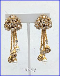 Vintage Hobé Style Rhinestone Faux Pearl Tassel Necklace Earrings Set Gold Tone