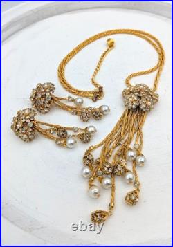 Vintage Hobé Style Rhinestone Faux Pearl Tassel Necklace Earrings Set Gold Tone