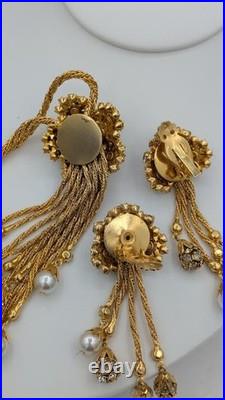 Vintage Hobé Style Rhinestone Faux Pearl Tassel Necklace Earrings Set Gold Tone