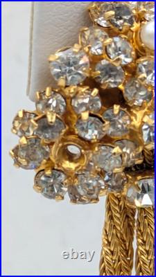 Vintage Hobé Style Rhinestone Faux Pearl Tassel Necklace Earrings Set Gold Tone