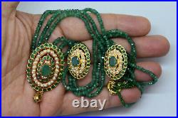 Vintage India 21K Yellow Gold, Natural Emerald and Pearl Necklace Earrings Set