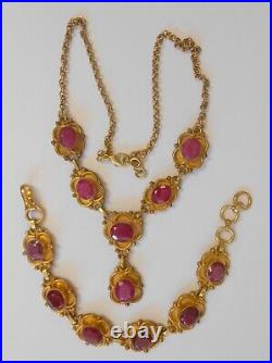 Vintage India Real Ruby Drop Necklace Bracelet Set Gold Tone Large Links Flower