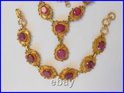 Vintage India Real Ruby Drop Necklace Bracelet Set Gold Tone Large Links Flower