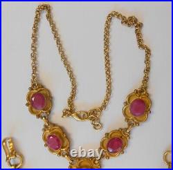 Vintage India Real Ruby Drop Necklace Bracelet Set Gold Tone Large Links Flower