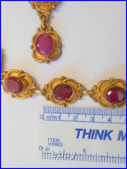 Vintage India Real Ruby Drop Necklace Bracelet Set Gold Tone Large Links Flower