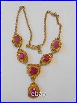 Vintage India Real Ruby Drop Necklace Bracelet Set Gold Tone Large Links Flower