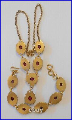 Vintage India Real Ruby Drop Necklace Bracelet Set Gold Tone Large Links Flower