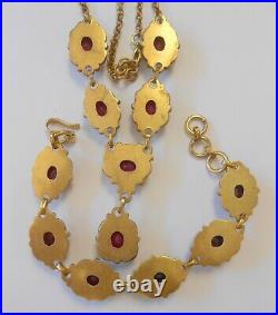 Vintage India Real Ruby Drop Necklace Bracelet Set Gold Tone Large Links Flower