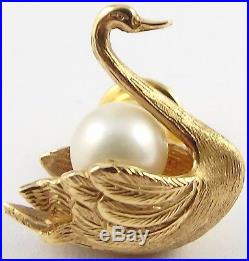 Vintage Italian Cini 14 carat yellow gold swan pearl set pin brooch in nice cond