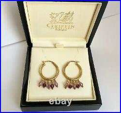 Vintage Ladies 9ct 375 Gold / Hoop Creole Dangle Drop Amethyst Set Earrings