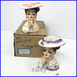 Vintage Lady Head Vase SET OF 2 Original Box Japan Brown Hair Hat Pearls Gold