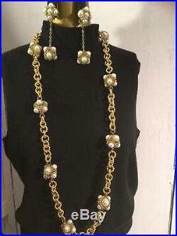 Vintage Large Gold tone Chain Pearl Cabochons Statement Necklace Earring Set