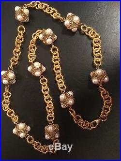 Vintage Large Gold tone Chain Pearl Cabochons Statement Necklace Earring Set