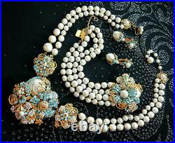 Vintage MIRIAM HASKELL Rhinestone Baroque Pearl Necklace Bracelet Earring SET