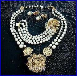 Vintage MIRIAM HASKELL Rhinestone Baroque Pearl Necklace Bracelet Earring SET