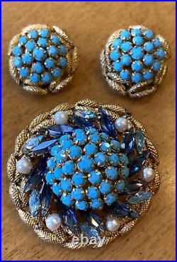 Vintage Made In Austria Turquoise, Crystals Pearls Brooch Clip Earrings Set Demi