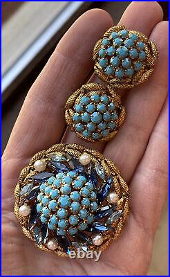 Vintage Made In Austria Turquoise, Crystals Pearls Brooch Clip Earrings Set Demi