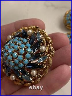 Vintage Made In Austria Turquoise, Crystals Pearls Brooch Clip Earrings Set Demi