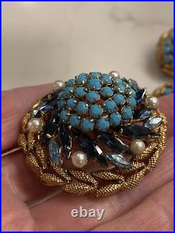 Vintage Made In Austria Turquoise, Crystals Pearls Brooch Clip Earrings Set Demi