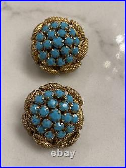 Vintage Made In Austria Turquoise, Crystals Pearls Brooch Clip Earrings Set Demi