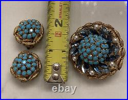 Vintage Made In Austria Turquoise, Crystals Pearls Brooch Clip Earrings Set Demi