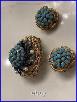 Vintage Made In Austria Turquoise, Crystals Pearls Brooch Clip Earrings Set Demi