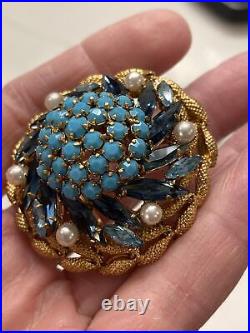 Vintage Made In Austria Turquoise, Crystals Pearls Brooch Clip Earrings Set Demi