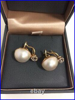 Vintage Marbe Pearl And Old Cut Diamond Earrings Set In Gold