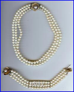 Vintage Mgm 14k Gold Cultured Pearl Sapphire Three Strand Necklace Bracelet Set